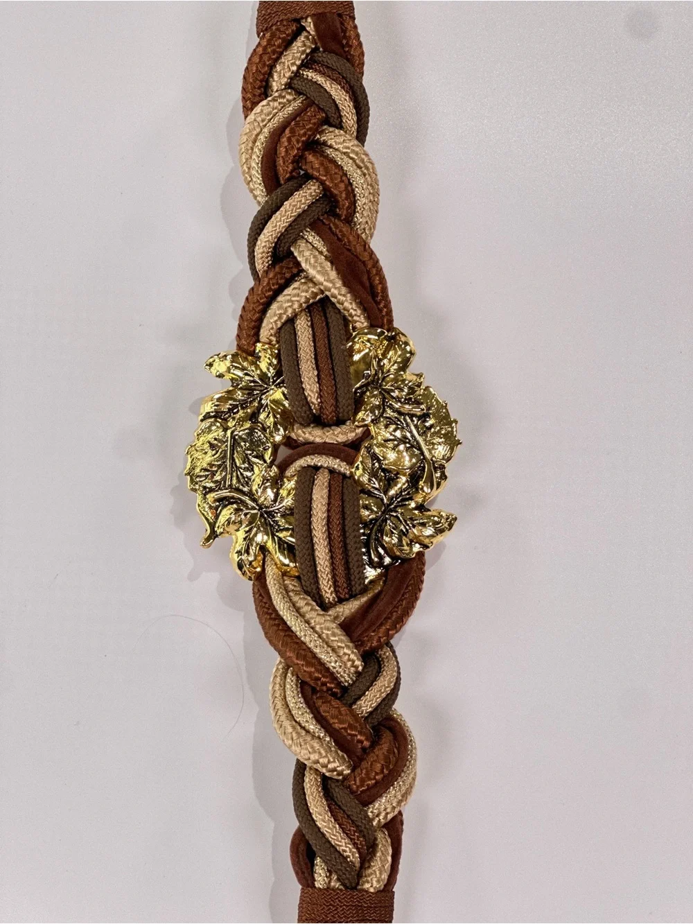 Leather Shop Braided Cord Belt Gold Leaf Buckle Metallic Rope Brown Gold L